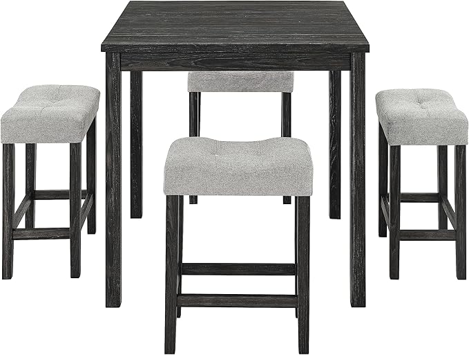 RITSU 5 Piece Square, Bar Chairs Set, Bistro Industrial Breakfast Table + 4 Upholstered Stools, for Living, Small Apartment, Dining, Game Room, Black+Gray - LeafyLoom