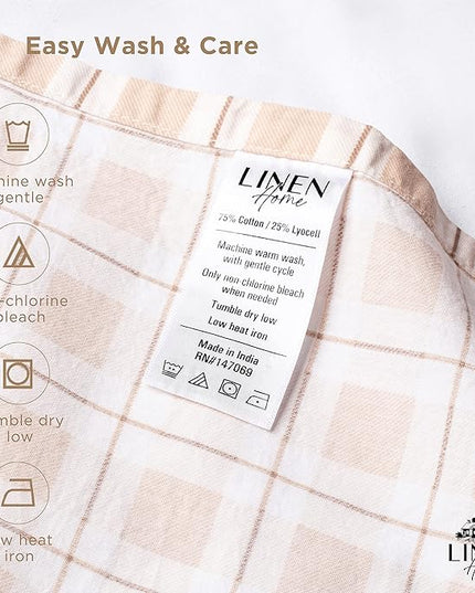 Linen Home Cotton Lyocell Blend Percale Printed Sheet Set, Pre-Washed & Shrunk, Cooling Bed Sheets, King Size, 4 Pieces - 1 Flat, 1 Deep Pocket Fitted Sheet, 2 Pillowcases, Checks Yellow - LeafyLoom