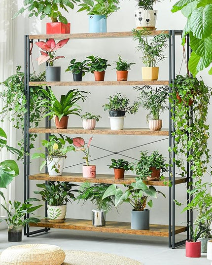 HCHQHS Bookshelf, 5-Tier Industrial Bookcase, Rustic Open Book Shelf, Freestanding Tall Bookshelves with Metal Frame - LeafyLoom