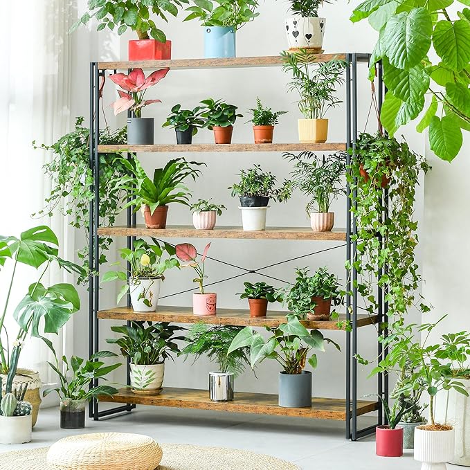 HCHQHS Bookshelf, 5-Tier Industrial Bookcase, Rustic Open Book Shelf, Freestanding Tall Bookshelves with Metal Frame - LeafyLoom
