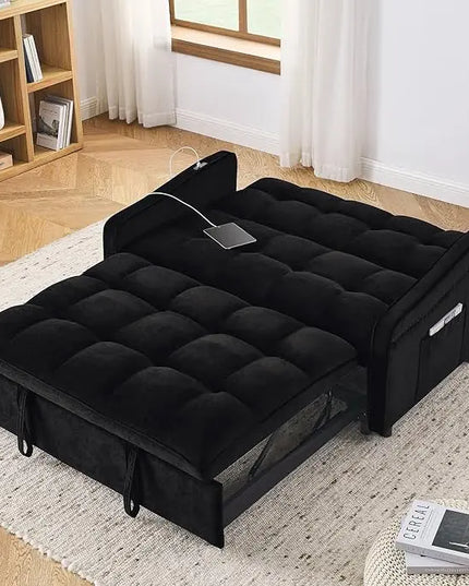Tufted Convertible Futon Loveseat Pull Out Couch Bed 3 in 1 Velvet Upholstered Sleeper Sofa Recliner Love Seat Lounge Chaise Daybed with Adjustable Backrest Type C and USB Charging for Living Room - LeafyLoom