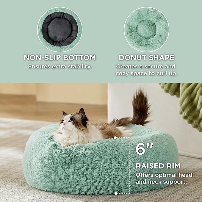 Bedsure Calming Cat Beds for Indoor Cats - Small Cat Bed Washable 20 inches, Anti-Slip Round Fluffy Plush Faux Fur Pet Bed, Fits up to 15 lbs Pets, Garden Green BEDSURE