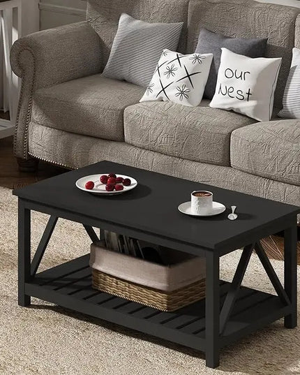 ChooChoo Coffee Table, Rustic Vintage Living Room Table with Shelf, 40 Pure Black - LeafyLoom