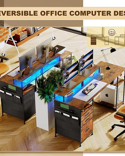 Computer Desk with 3 File Cabinet Drawers, 57.8'' Reversible Gaming Desk with LED Lights and Power Outlets, Office Desk with Storage Shelves for Home & Office (Rustic Brown) - LeafyLoom