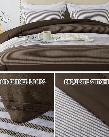 Andency Stripe Comforter Set King Size (104x90 Inch), 3 Pieces Brown Patchwork Striped Comforter, Soft Microfiber Down Alternative Comforter Bedding Set with Corner Loops - LeafyLoom
