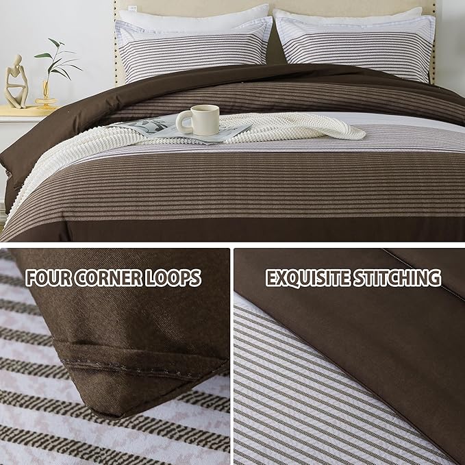 Andency Stripe Comforter Set King Size (104x90 Inch), 3 Pieces Brown Patchwork Striped Comforter, Soft Microfiber Down Alternative Comforter Bedding Set with Corner Loops - LeafyLoom