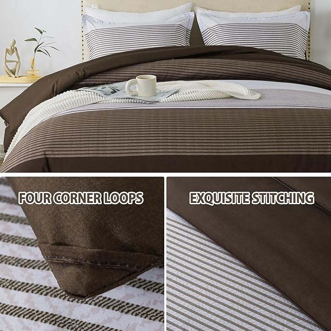 Andency Stripe Comforter Set Queen Size (90x90 Inch), 3 Pieces Brown Patchwork Striped Comforter, Soft Microfiber Down Alternative Comforter Bedding Set with Corner Loops - LeafyLoom