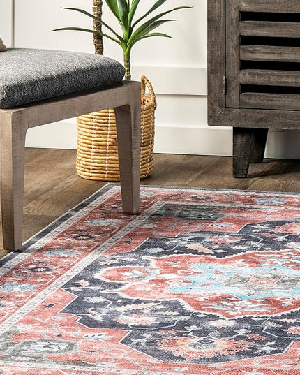 nuLOOM Jay Persian Medallion Machine Washable Ultra Thin Area Rug, 8' x 10', Red - LeafyLoom