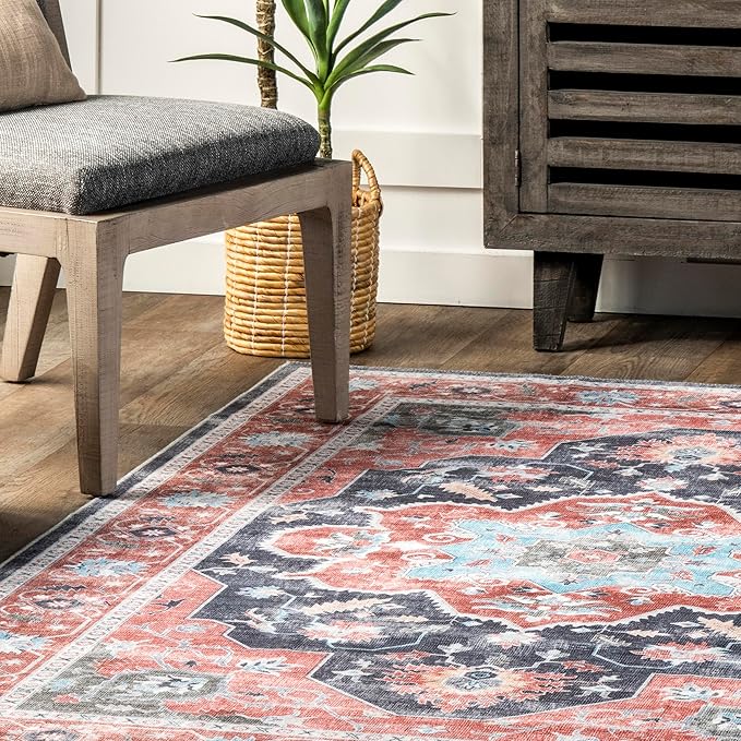 nuLOOM Jay Persian Medallion Machine Washable Ultra Thin Area Rug, 5' x 8', Red - LeafyLoom