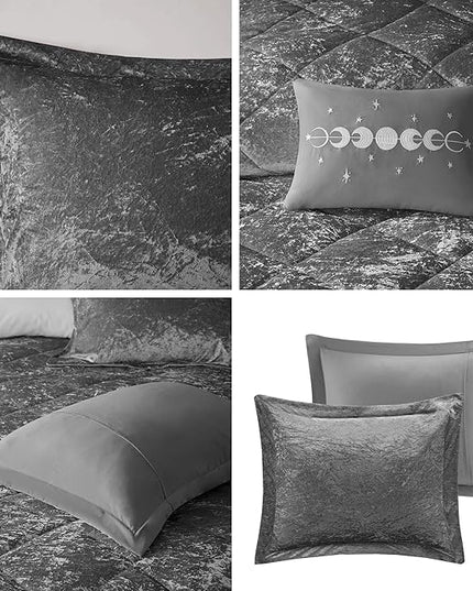 Intelligent Design Queen Comforter Set, Velvet Comforter Set , Luxury Diamond Quilting Comforter Set, Fluffy Comforter Bed Set with Decorative Pillowand 2 Shams, 4 Piece Grey, Full/Queen - LeafyLoom