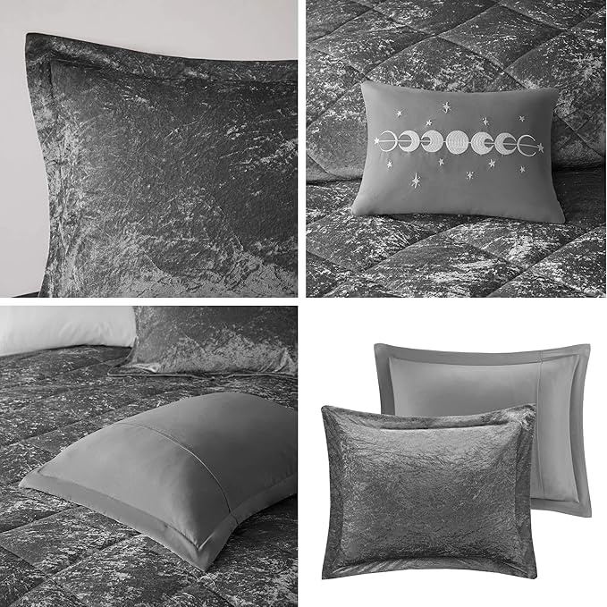 Intelligent Design Queen Comforter Set, Velvet Comforter Set , Luxury Diamond Quilting Comforter Set, Fluffy Comforter Bed Set with Decorative Pillowand 2 Shams, 4 Piece Grey, Full/Queen - LeafyLoom