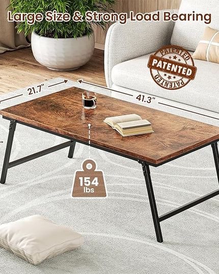 Folding Coffee Table, Leg Latches Portable Sturdy Floor Table Desk for Sitting on The Floor, No Assembly Low Coffee Table for Living Room, Home, Office, Rustic Brown, 41.34L×21.65W×15.75H - LeafyLoom