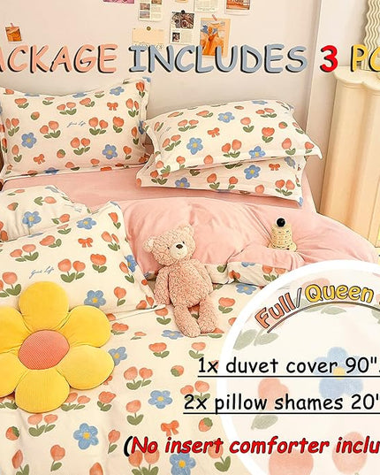 MorroMorn Pink Duvet Cover Queen, Pink Bed Set Tulips Floral Bedding Sets, Plush Fluffy Comforter Covers Set, Down Alternative Blanket Ultra Soft for Girls Kids Teen Women Full Double Size - LeafyLoom