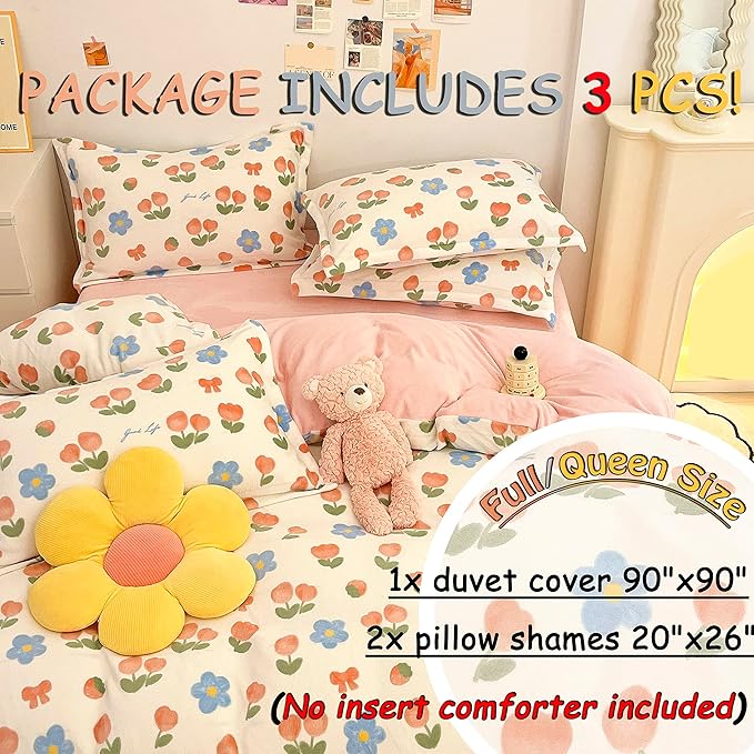 MorroMorn Pink Duvet Cover Queen, Pink Bed Set Tulips Floral Bedding Sets, Plush Fluffy Comforter Covers Set, Down Alternative Blanket Ultra Soft for Girls Kids Teen Women Full Double Size - LeafyLoom