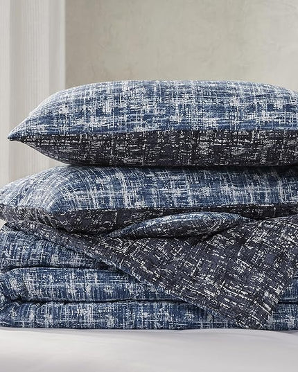 Hyde Lane Blue Full/Queen Comforter Set for Men, Modern Farmhouse Aesthetic Soft Bedding, Masculine Plaid Lines Pattern Bed Sets for All Season, 3 Pieces includes 1 Comforter, 2 Shams (90"x 90") - LeafyLoom