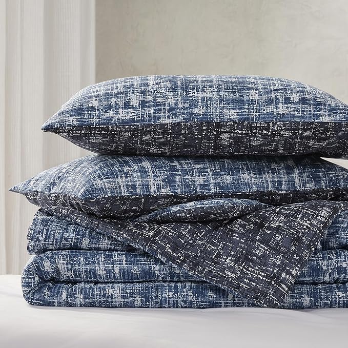 Hyde Lane Blue Full/Queen Comforter Set for Men, Modern Farmhouse Aesthetic Soft Bedding, Masculine Plaid Lines Pattern Bed Sets for All Season, 3 Pieces includes 1 Comforter, 2 Shams (90"x 90") - LeafyLoom