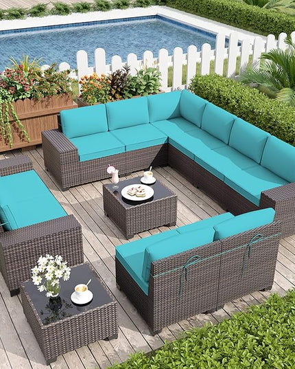 Patio Furniture Set Sofa 12-Pieces Wicker Sectional Sofa Set, Outdoor Furniture Rattan Patio Conversation Set with Thickened Cushions and Glass Coffee Table, Blue - LeafyLoom