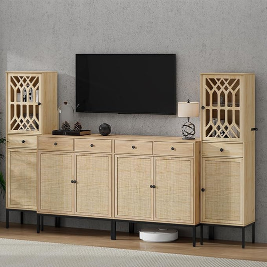 XIAO WEI Entertainment Center for TV up to 70 inch, Sideboard Cabinet Natural Rattan Woven Doors & Drawers, Media Console Tall Storage Cabinet, Rattan Cabinet, Metal legs - LeafyLoom