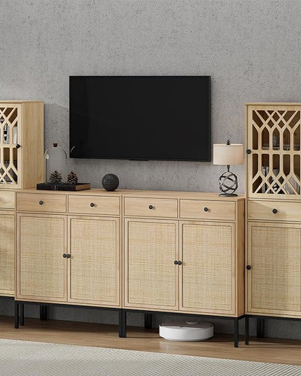 XIAO WEI 2-Piece Tall Cabinet Narrow Linen arched cabinet Storage Cabinet Natural Rattan Doors Fretwork Pattern Doors for Living Room Entryway Kitchen Home Office Bathroom - LeafyLoom