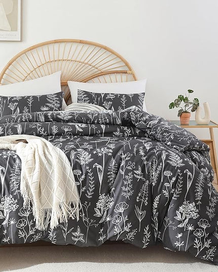 JANZAA King Size Comforter Set Dark Grey Comforter set Floral Comforter with 2 Pillow Cases Microfiber Soft Comforter Set for All Season Using Soft Comforter Set Boho - LeafyLoom