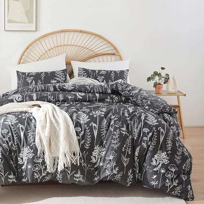 JANZAA King Size Comforter Set Dark Grey Comforter set Floral Comforter with 2 Pillow Cases Microfiber Soft Comforter Set for All Season Using Soft Comforter Set Boho - LeafyLoom