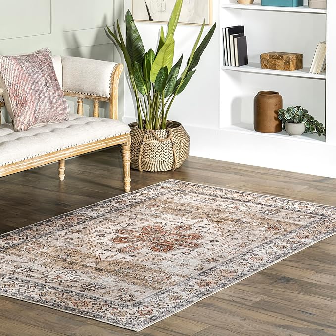 nuLOOM Dawson Machine Washable Distressed Medallion Ultra Thin Area Rug, 8' x 10', Beige - LeafyLoom