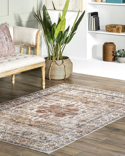 nuLOOM Dawson Machine Washable Distressed Medallion Ultra Thin Area Rug, 5' x 8', Beige - LeafyLoom