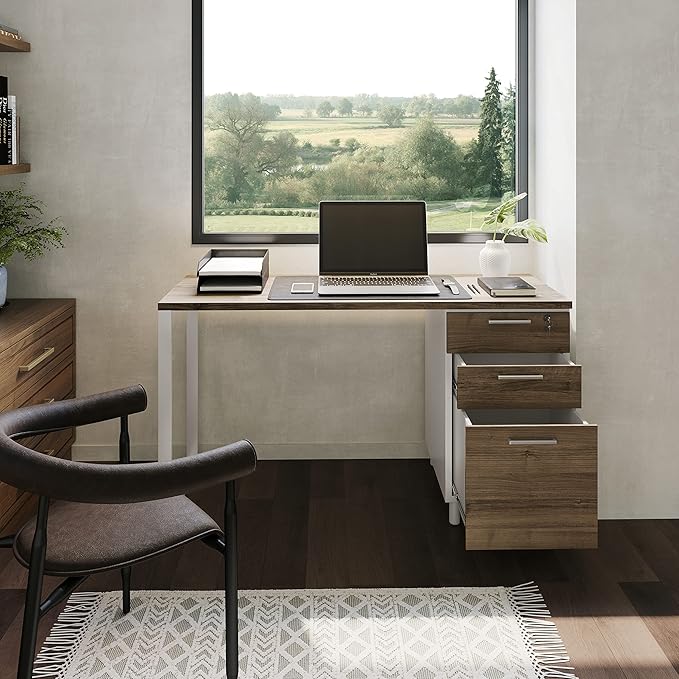 Milano Home Office Desk - 47Inch Cass walnut/white Home Office Desk with Drawers - Modern Computer Desk with Storage, Detachable & Lockable Computer Cabinet - Wooden Office, Study, and Writing Table - LeafyLoom