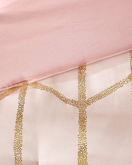 Intelligent Design Raina Comforter Microfiber Metallic Print Geometric Design Embroidered Toss Pillow Modern Trendy Casual All Season Bedding Set Matching Sham, Full/Queen, Blush/Gold 5 Piece - LeafyLoom