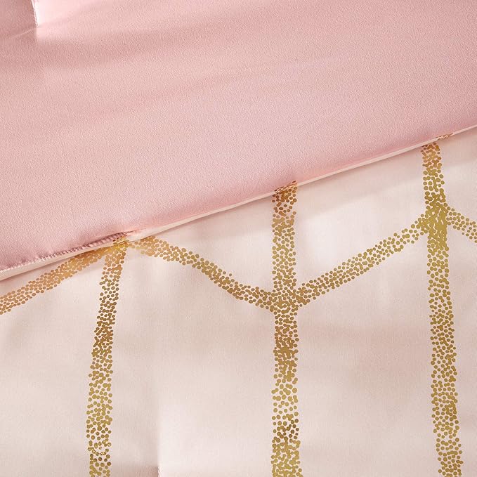 Intelligent Design Raina Comforter Microfiber Metallic Print Geometric Design Embroidered Toss Pillow Modern Trendy Casual All Season Bedding Set Matching Sham, Full/Queen, Blush/Gold 5 Piece - LeafyLoom