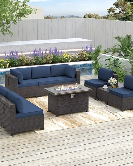 Patio Furniture Sectional Sofa 10PCS PE Rattan Patio Conversation Set w/43in Gas Fire Pit Table, Patio Outdoor Furniture with 55000 BTU Propane Fire Pit, Navy Blue - LeafyLoom