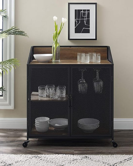 Walker Edison Malcomb Urban Industrial Metal Mesh Double Door Rolling Bar Cabinet, 33 Inch, Rustic Oak - LeafyLoom