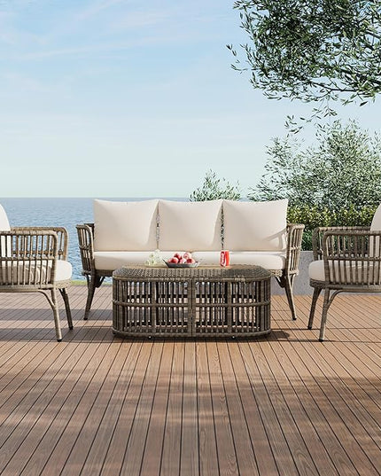 Furniture 4-Piece Outdoor Patio Conversation Seating for 5 Person and Coffee Table, Rattan Chair Wicker Sofa Bistro Sets for Porch, Backyard and Garden, Brown - LeafyLoom