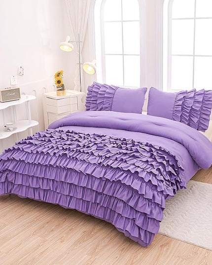 Purple Comforter Set Full Size, Light Purple Boho Ruffle Bedding Set, 3Pcs Kids Girls Full Size Bedding Sets for All Season - LeafyLoom