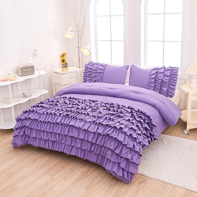 Purple Comforter Set Full Size, Light Purple Boho Ruffle Bedding Set, 3Pcs Kids Girls Full Size Bedding Sets for All Season - LeafyLoom