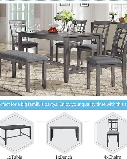 Farmhouse Style, Spacious 4 Chairs and Multifunctional Bench, Long-Lasting Solid Wood, for Kitchen, Room, 6 Piece Dining Table Set, Gray 7 - LeafyLoom