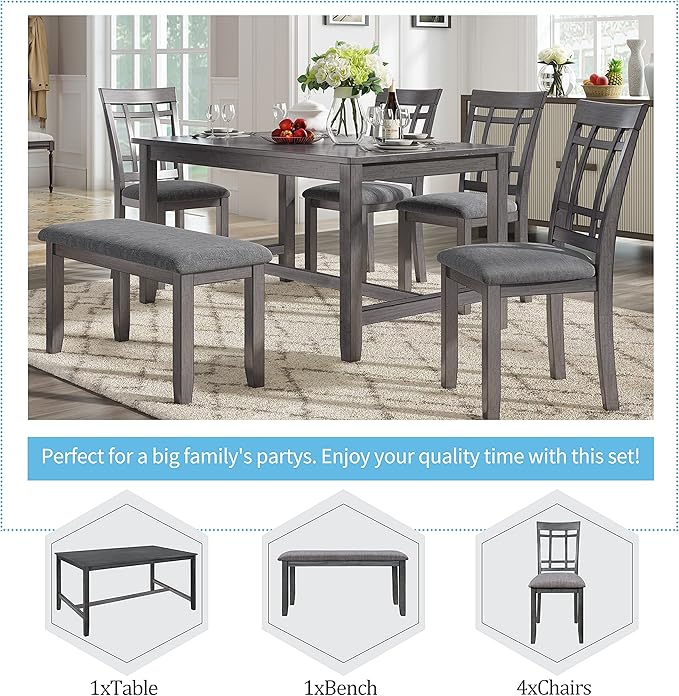 Farmhouse Style, Spacious 4 Chairs and Multifunctional Bench, Long-Lasting Solid Wood, for Kitchen, Room, 6 Piece Dining Table Set, Gray 7 - LeafyLoom