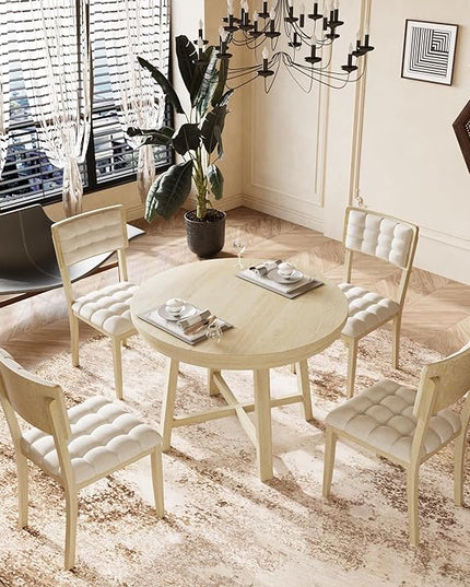 Rustic 42inch Round Dining Table Set for 4 with Cross Legs and Upholstered Chairs for Small Places, Natural - LeafyLoom