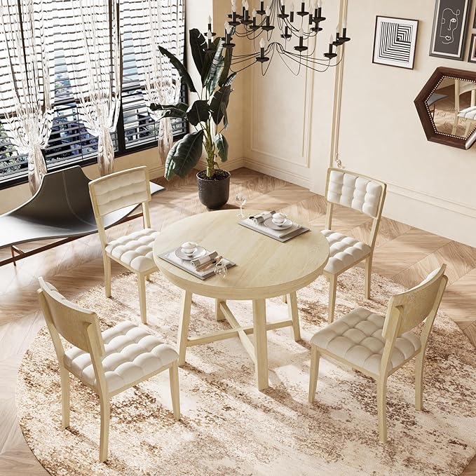 Rustic 42inch Round Dining Table Set for 4 with Cross Legs and Upholstered Chairs for Small Places, Natural - LeafyLoom