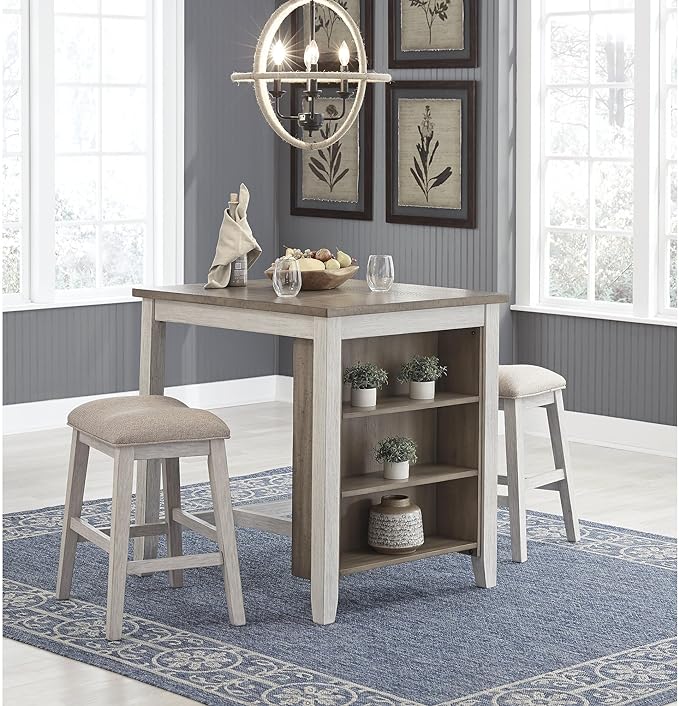 Signature Design by Ashley Skempton 3 Piece Counter Height Dining Set, Includes Table and 2 Barstools, Whitewash - LeafyLoom