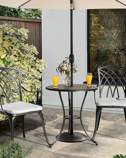 NUU GARDEN Bistro Set 3 Piece Outdoor Cast Aluminum Patio Bistro Set Patio Table and Chairs Set of 2 with Umbrella Hole and Gray Cushions, Black - LeafyLoom