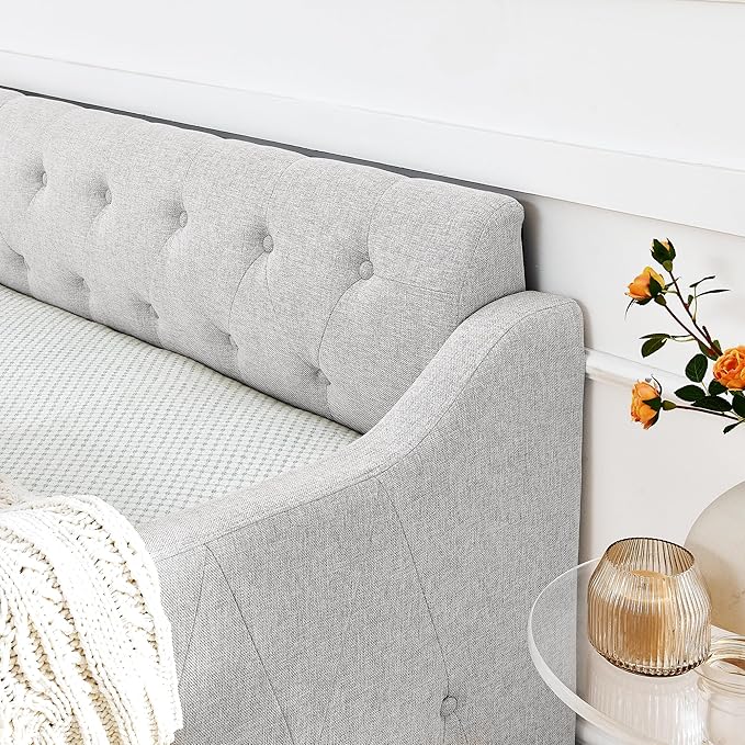 Full Size Upholstery modern linen Daybed, Trundle sofaBed,Armrest with USB charging end pull out Button Tufted Armrest side with pocket,for Bedroom Living Room - LeafyLoom