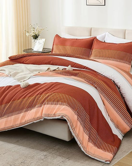 Litanika Burnt Orange King Bed Comforter Set, 3 Pieces Boho Terracotta Stripe Colorblock Bedding Comforter Set, Rust Fluffy Bed Set (104x90In Comforter & 2 Pillowcases) - LeafyLoom