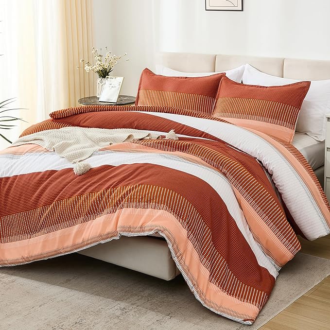 Litanika Burnt Orange California King Comforter Set - 3 Pieces Boho Terracotta Cal King Oversized Lightweight Summer Rust Colorblock Stripe Bedding Set (104x96In, 2 Pillowcases) - LeafyLoom