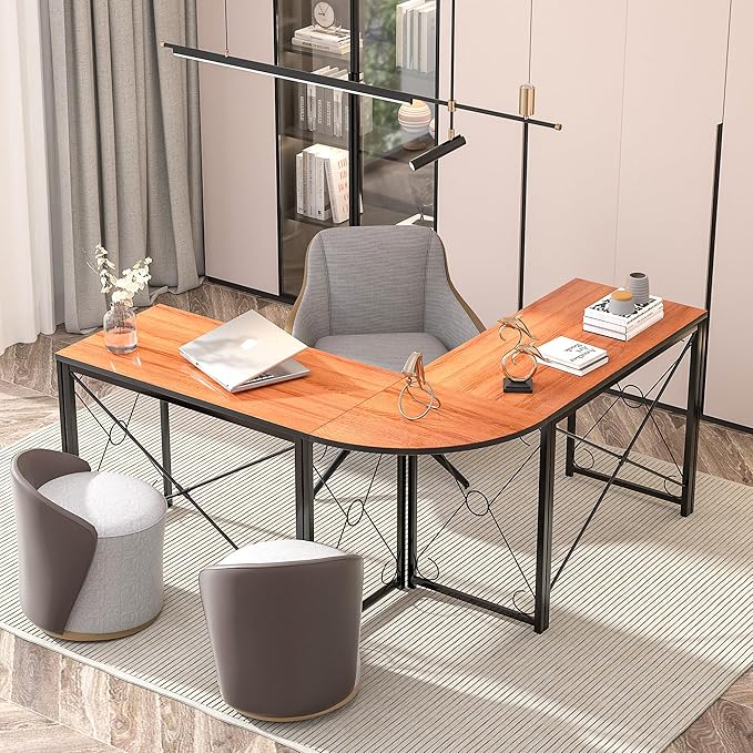VECELO 59"x59" L Shaped Desk for Computer Gaming Multi-Usage Long 2 Person Table for Home Office Sturdy Writing Workstation, Easy Assembly/Saving Space, Rustic Brown - LeafyLoom
