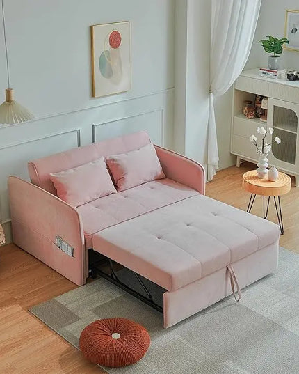 3-in-1 Multi-Functional Convertible Sofa, Chenille Sleeper Couch Pull-Out Bed, Loveseat Chaise Lounge with Adjustable Armrest and Reclining Backrest for Living Room, Small Space, Pink 53.5" - LeafyLoom