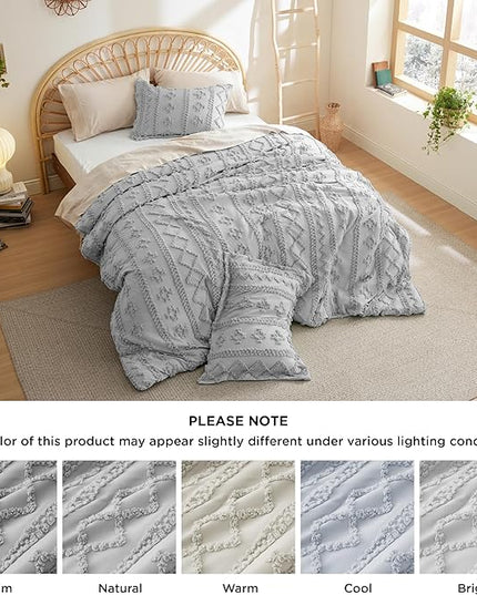 Bedsure Tufted Boho Comforter Set Queen - Grey Boho Bedding Comforter Set, 3 Pieces Farmhouse Shabby Chic Embroidery Bed Set, Soft Jacquard Comforter for All Seasons - LeafyLoom