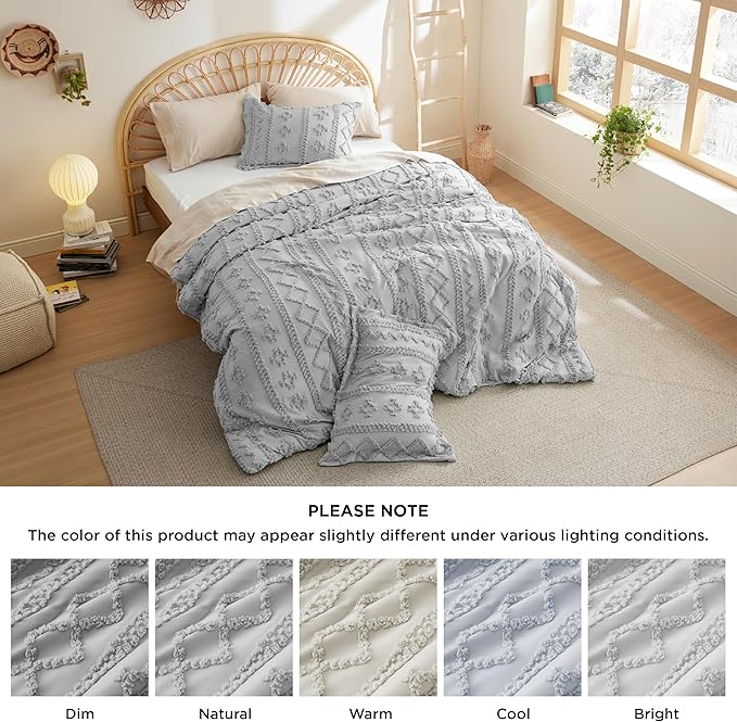 Bedsure Twin/Twin XL Comforter Set Dorm Bedding - Grey Boho Bedding Comforter Set, 2 Pieces Farmhouse Shabby Chic Embroidery Bed Set, Soft Jacquard Tufted Comforter for College - LeafyLoom