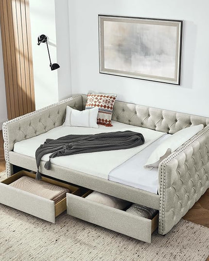 Full Size Upholstered Daybed, Pull Out with Two Storage Drawers, Solid Wood Frame Bed, Tufted Buttons and Copper Nails On Square Arms, for Bedrooms,Apartments - LeafyLoom