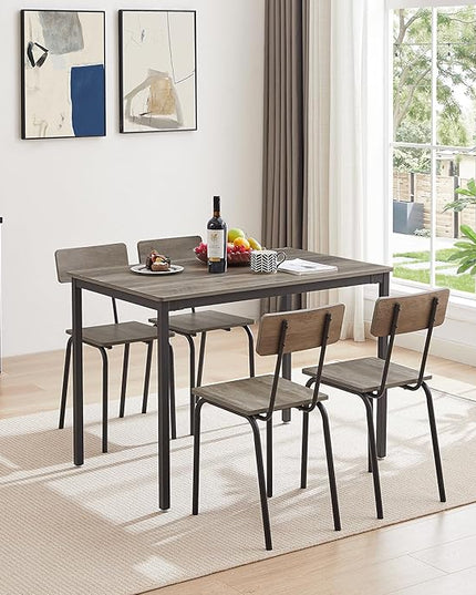 Dining Table Set for 4, 5-Piece Set Industrial Metal Wood 43.3" Kitchen Dining Table with 4 Dining Chairs, Indoor Modern Furniture Set for Dining Room, Dinette, Breakfast Nook, Grey - LeafyLoom